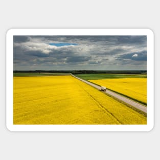 Truck on a road, aerial landscape of a road amongst fields of yellow colza Sticker